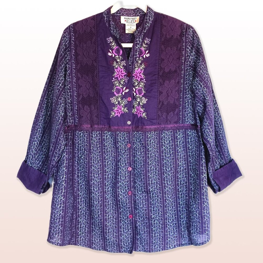 Mainstreet Blues 100% Cotton Purple Lace Embroidered Tunic Shirt Size M